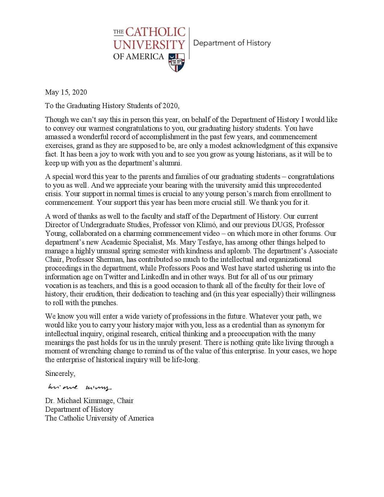 letter congratulating history graduates