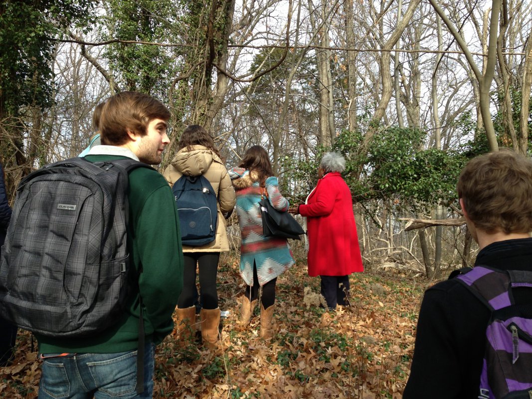 Dr. Daughtery shows her class the location of a Civil War outpost near CUA.