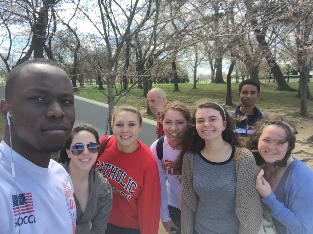 Students look for the cherry blossom in downtown DC.
